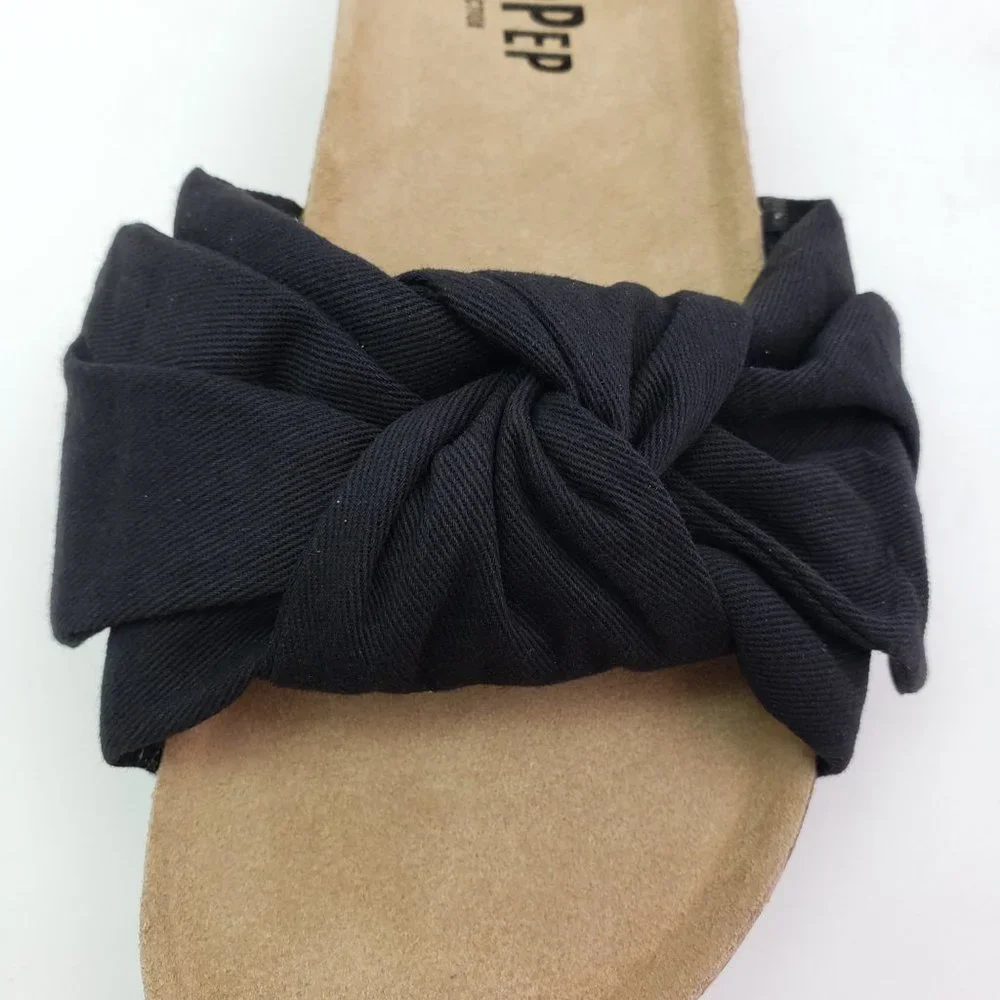 NEW PepPep Womens Size 7 Black Bow Cork Slip On Comfort Wedge Sandals PP01WG_9